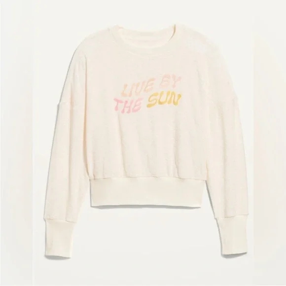 Old Navy Live By The Sun Sweatshirt XL Cream Cropped Graphic Pullover - Picture 2 of 6